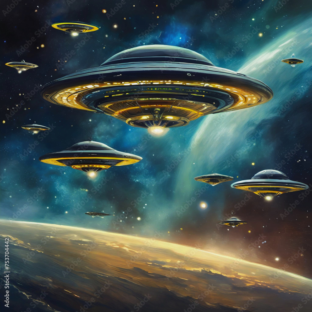 우주공간의  UFO - obrazy, fototapety, plakaty 
