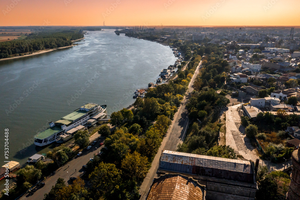 Aerial view over Braila and Danube River in Romania