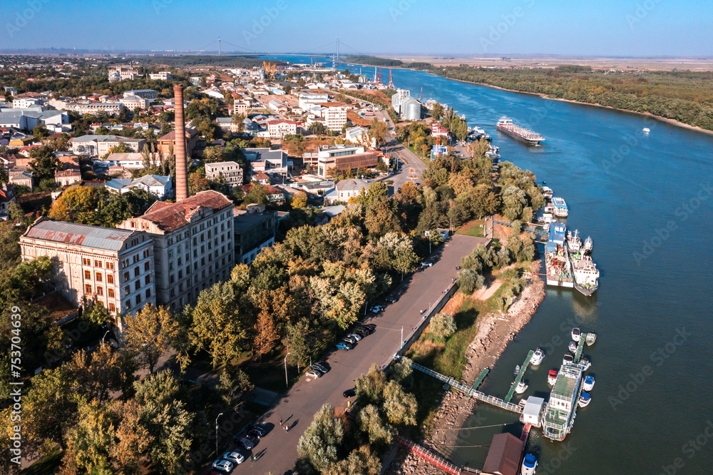 Aerial view over Braila and Danube River in Romania