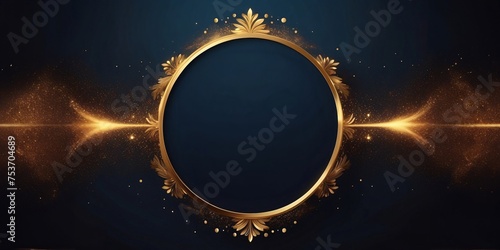 Abstract black circle shape with golden glowing frame and glitters. Luxurious,