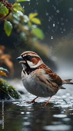 Sparrow sitting on a branch in a stream in nature.