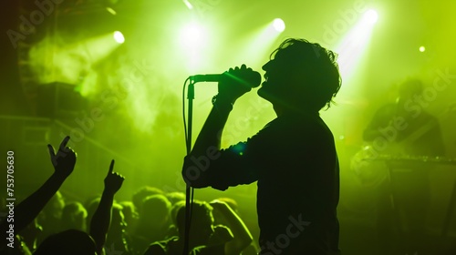 Man holding a microphone against a backdrop of a roaring neon green crowd capturing the essence of live performance energy