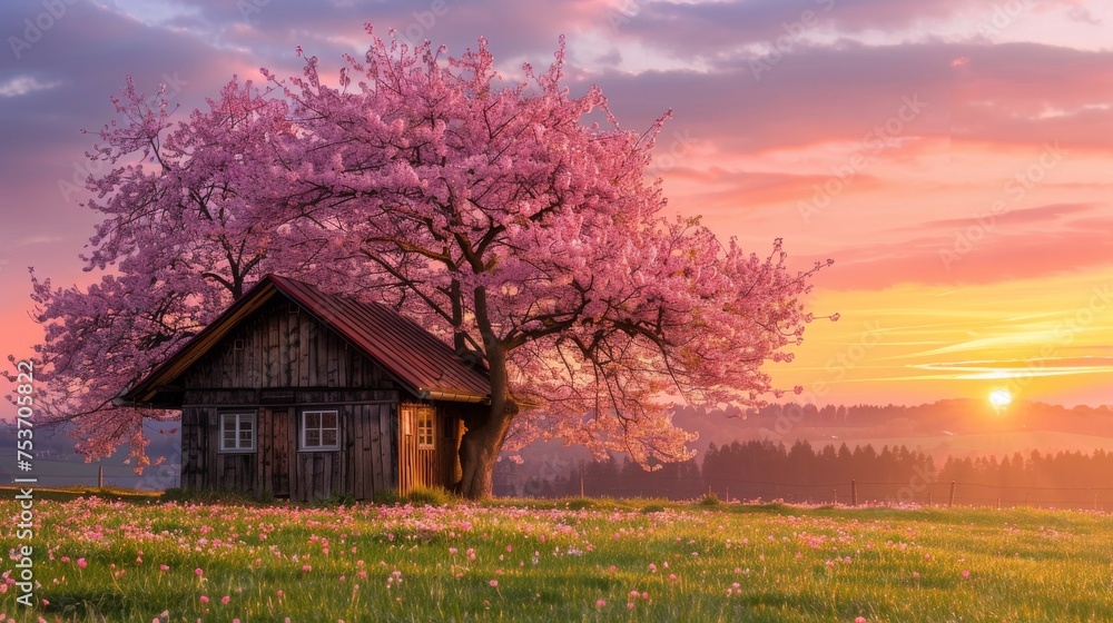 Old wooden house at cherry tree blossom landscape Old wooden house at cherry tree blossom landscape