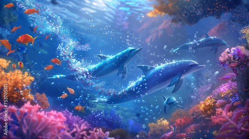 Mermaids and dolphins racing through a vibrant coral reef leaving trails of bubbles and light in their wake