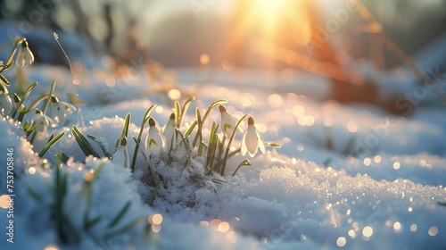 Snowdrop flowers growing in snow at golden hour, spring sunset photo