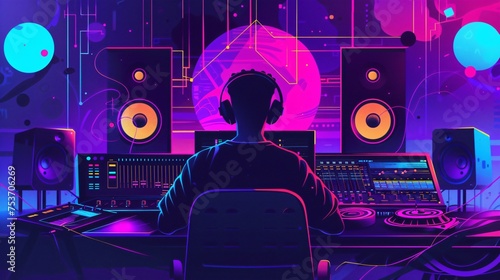 Music producer creating a presentation on a laptop audio waveforms and equipment in the background in a cool abstract graphic style