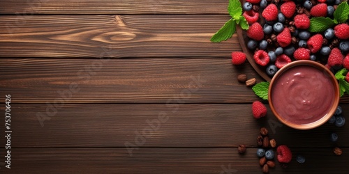 Top view of a wooden table with a bowl of berries and raspberry smoothie.