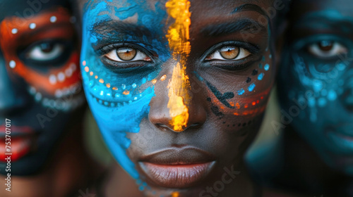 Woman s face in foreground and two women in blurred background with dark skin with tribal makeup. Colorful portrait of indigenous people. Ai generated