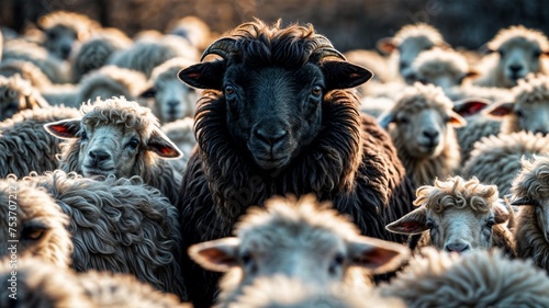  A black sheep among a flock of white sheep, raising head as a leader - Concept of standing out from the crowd, of being different and unique with its own identity and special skills among the others photo