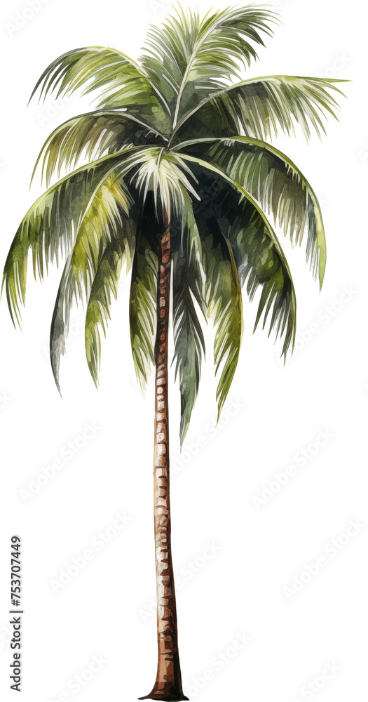 Fototapeta premium Coconut palm tree watercolor painting isolated on transparent background.