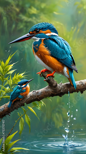 Colorful kingfisher perched on branch amidst green foliage, with lilac roller nearby, surrounded by vibrant nature