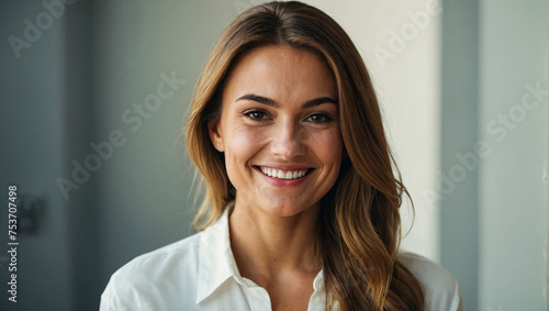 portrait of a beautiful woman smiling while looking at the camera on a clean background