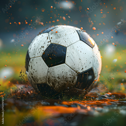 A traditional white and black football or soccer ball in the grass. Cinematic scene with ball in the mud.