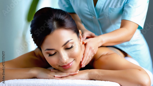 A female masseur is happily massaging a young woman's back on a massage table. ((best skin tone))