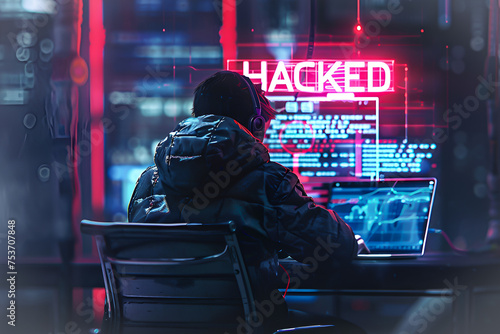 A person in a black hoodie is sitting in a dark room in front of a computer. Being Hacked Concept. Hacker. photo