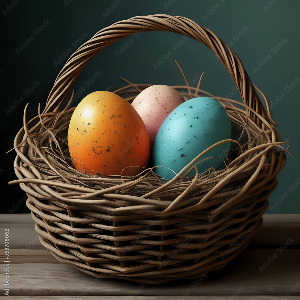 Happy Bunny with many Easter eggs on grass Festive background - generated by ai