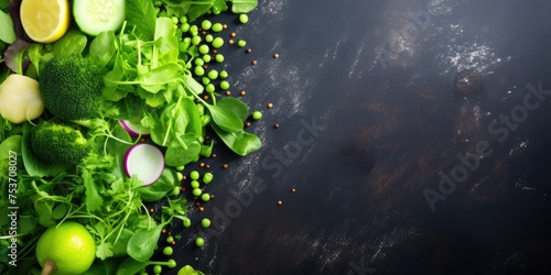 Green organic salad ingredients, top view, promoting healthy lifestyle or detox diet. photo