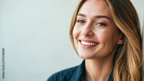 portrait of a beautiful woman smiling while looking at the camera on a clean background