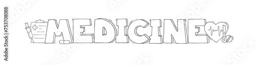 Cartoon big word Medicine with medical objects.