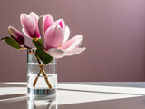 A pink magnolia in a glass vase sits on a white table, sunlight casting a glow on the pastel wall.