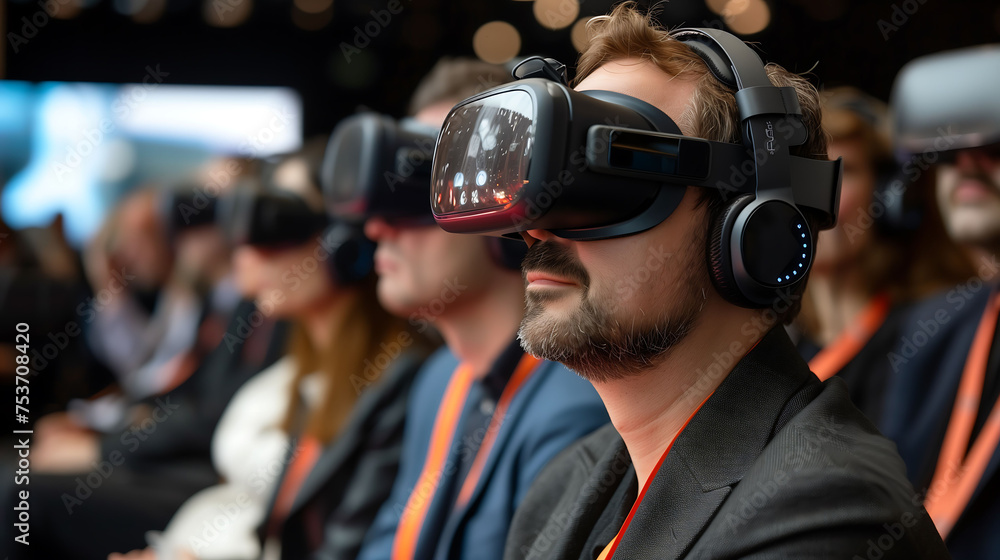 A man wearing vr headset in convention hall, technology, metaverse, digital, big data A man wearing vr headset in convention hall, technology, metaverse, digital, big data