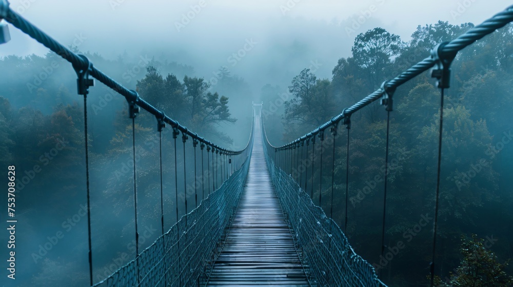 Suspension bridge over a misty forest highlighting engineering harmony with the environment Suspension bridge over a misty forest highlighting engineering harmony with the environment