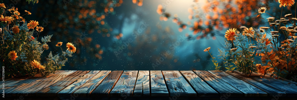 Old wooden surface terrace with a soft-focus Autumn garden flowers in the background. Horizontal Fall banner with top view and a big space for text or product - obrazy, fototapety, plakaty 