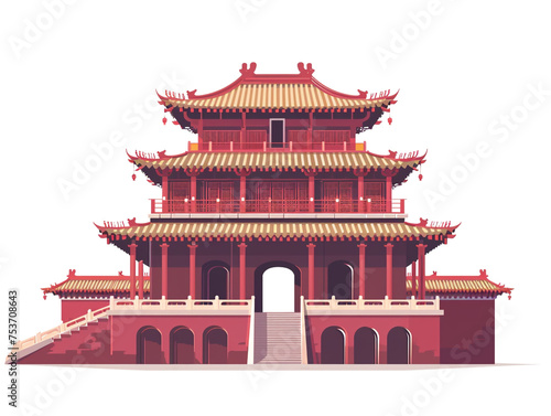 Illustration of the ancient Chinese city front façade in flat pastel colors. Isolated on white background. 