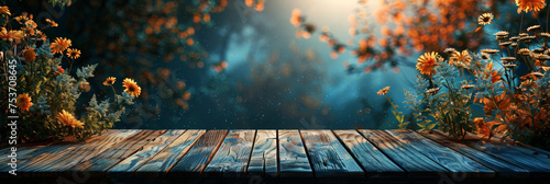 Old wooden surface terrace with a soft-focus Autumn garden flowers in the background. Horizontal Fall banner with top view and a big space for text or product