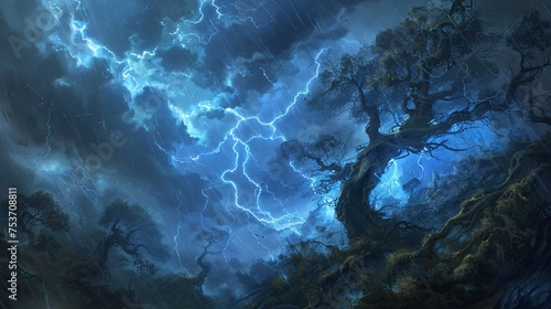 Thunderstorm over an ancient forest lightning illuminating gnarled trees in a mystical realism art style