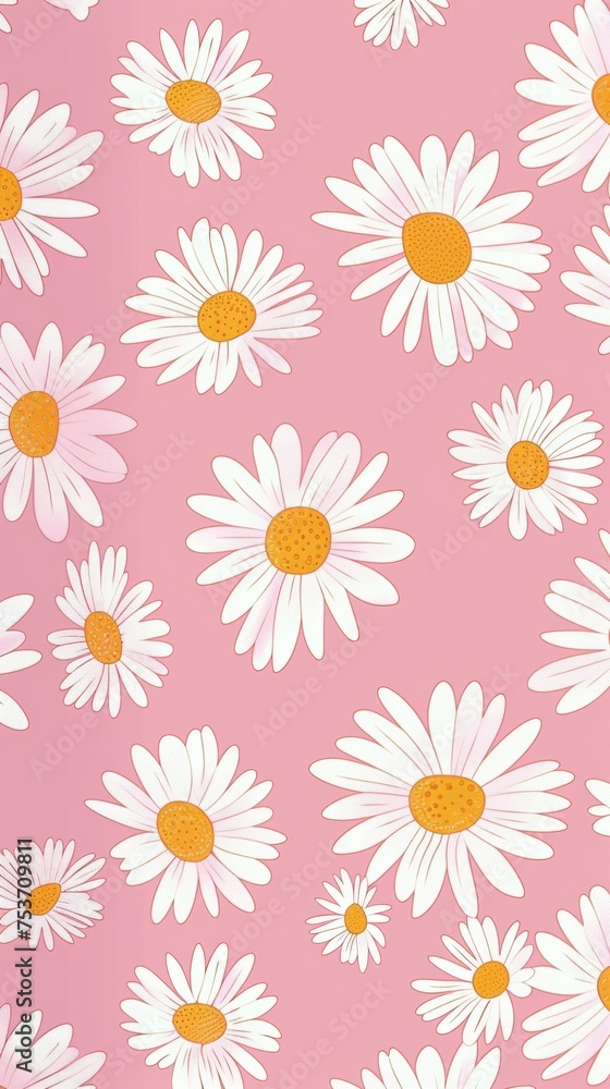 An artistic pink background overlaid with a seamless pattern of white daisies symbolizing femininity and gentleness. Hello spring. An artistic pink background overlaid with a seamless pattern of white daisies symbolizing femininity and gentleness. Hello spring.