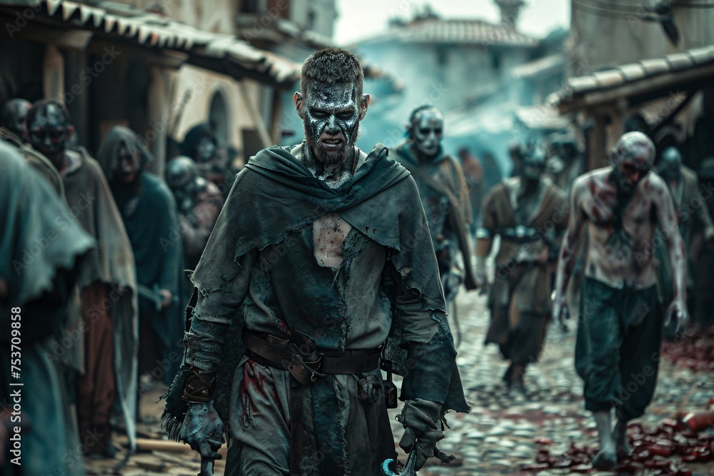 Zombie apocalypse in a medieval castle where ancient warriors clash with the undead