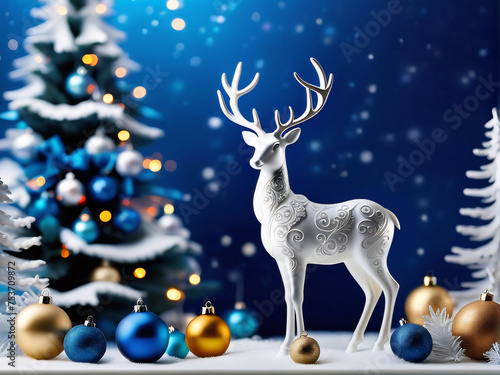 Amidst a serene blue backdrop, stand enchanting Christmas decorations alongside a majestic white reindeer.