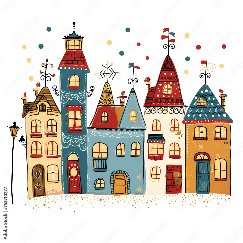 Ornate decoration of homes and streets with lights isolated on white background, doodle style, png
