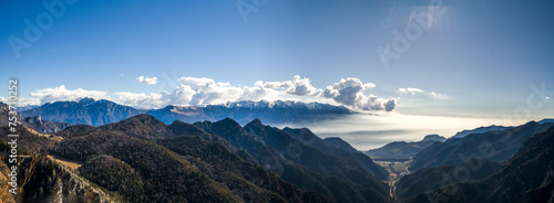 Panoramic view from the Prà della Rosa Pass in the hinterland of Tremosine on Lake Garda. The Monte Baldo mountain range in the background.