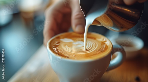 Close-up of a barista pouring milk into a coffee cup creating latte art photo