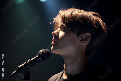 AI generated image of charming boy child singing at a concert in front of a microphone illuminated by spotlights
