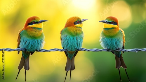 Three colorful birds perched on a wire with a blurred green background © ladaz