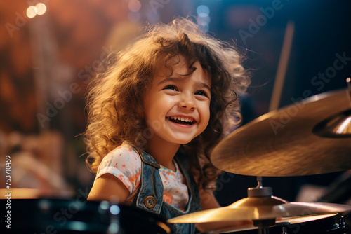 Picture of a happy charming little funny girl playing with a drum set on stage made with generative AI photo