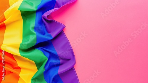 A rainbow flag on a pink background. Copy space.