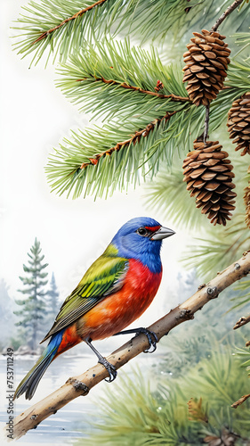 A colorful tropical bird with a vibrant beak perches on a branch in nature