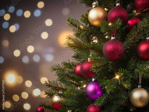 Christmas Tree With Baubles And Blurred Shiny Lights. Xmas tree and sparkle bokeh lights. Merry christmas card. Winter holiday theme. Happy New Year.