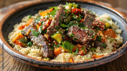 couscous dish served with lamb, vegetables, and a spicy harissa sauce