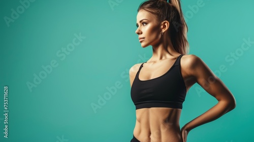 Photoshoot portrait of pretty girl with an athletic figure on a green background. Healthy lifestyle and fitness