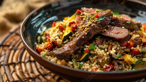 couscous dish served with lamb, vegetables, and a spicy harissa sauce