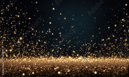 Festive bokeh dark blurred Christmas lights background with happy holiday party glow and warm flare. abstract background Gold foil texture. Holiday concept. with Dark blue and gold particle. Sparkling