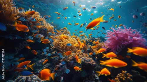 Vibrant underwater scene with fish and coral reef