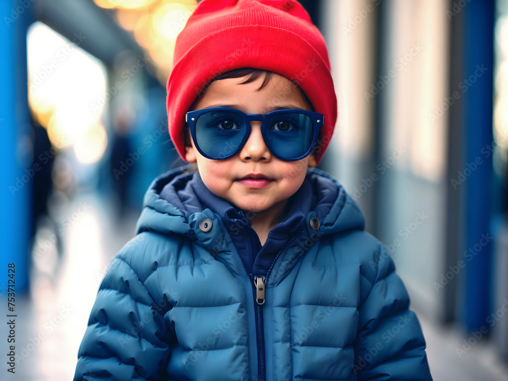 Portrait of cute little blonde boy with blue sunglasses, fashion and clothing cool kids, life style background, template Portrait of cute little blonde boy with blue sunglasses, fashion and clothing cool kids, life style background, template