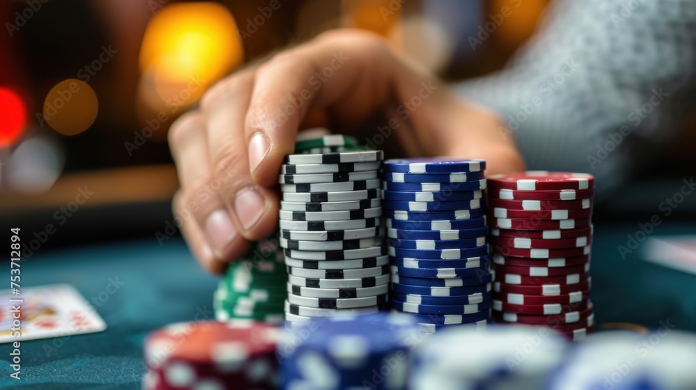 Person stacking poker chips on a casino table, focus on the hands and chips
