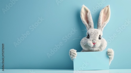Cheerful Easter bunny holding a sign with space for text. © furyon